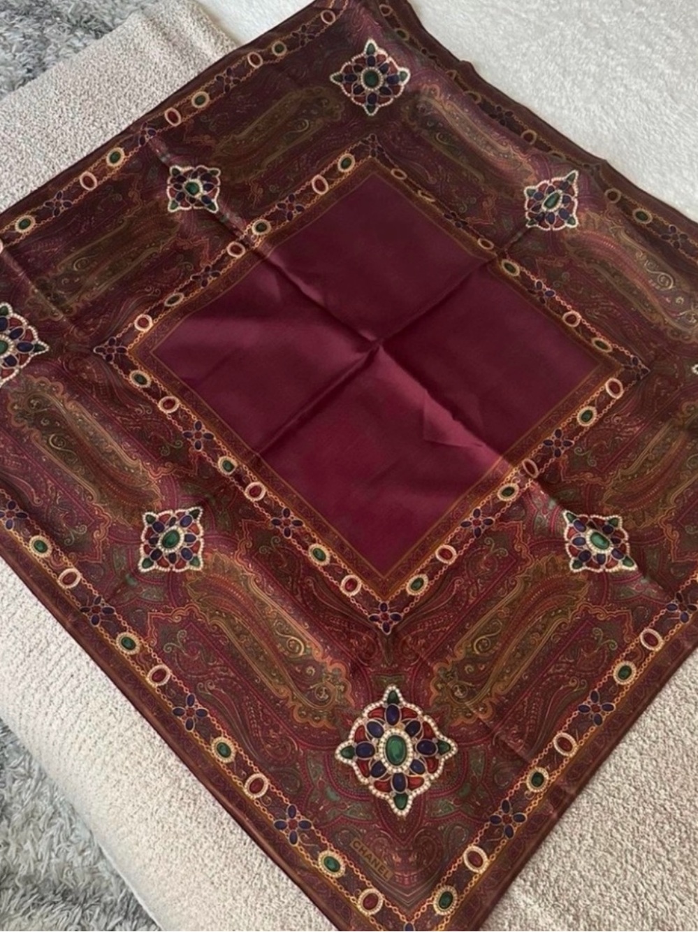 Chanel Bordeaux Multi Color Silk Scarf